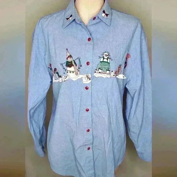 Whitefish Bay Vintage Christmas CMAS Denim Button Down Winter Snowman Size M - Picture 1 of 8